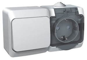 BPA16-241B Блок Белый Schneider Electric Этюд Выключатель одноклавишный + Розетка со шторками, с заземлением c крышкой  IP44